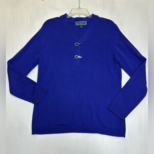 Karen Scott Blue Cotton Toggle V-Neck Sweater Women’s Medium Long Sleeve Knit